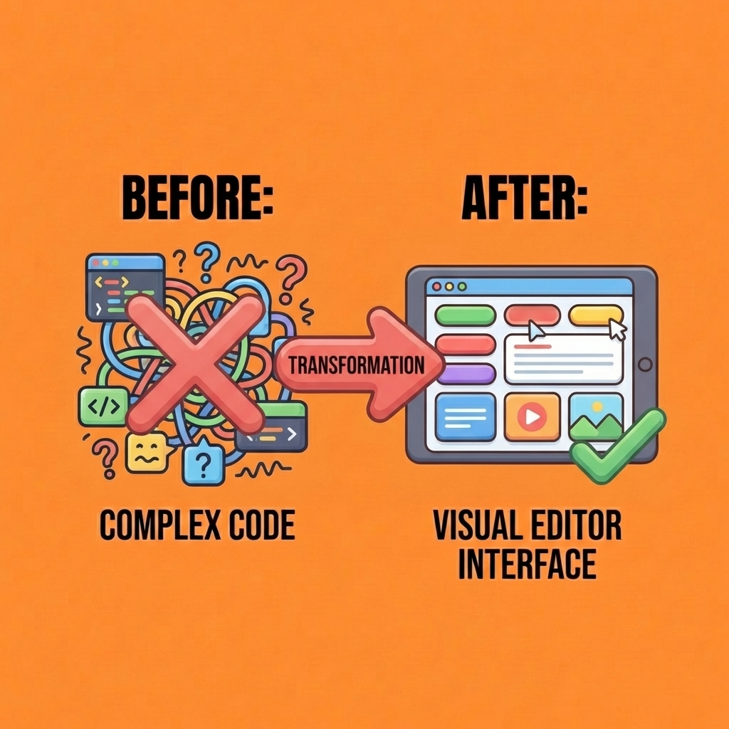 Before and after comparison showing complex code replaced by a visual editor interface